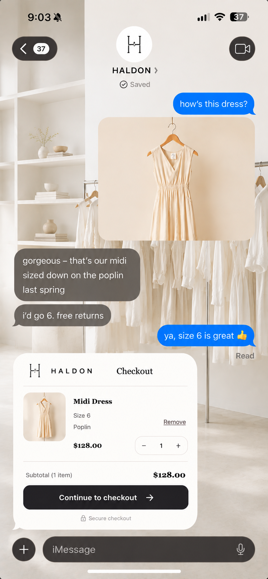 Text thread where a customer shares a dress photo and gets sizing advice and checkout