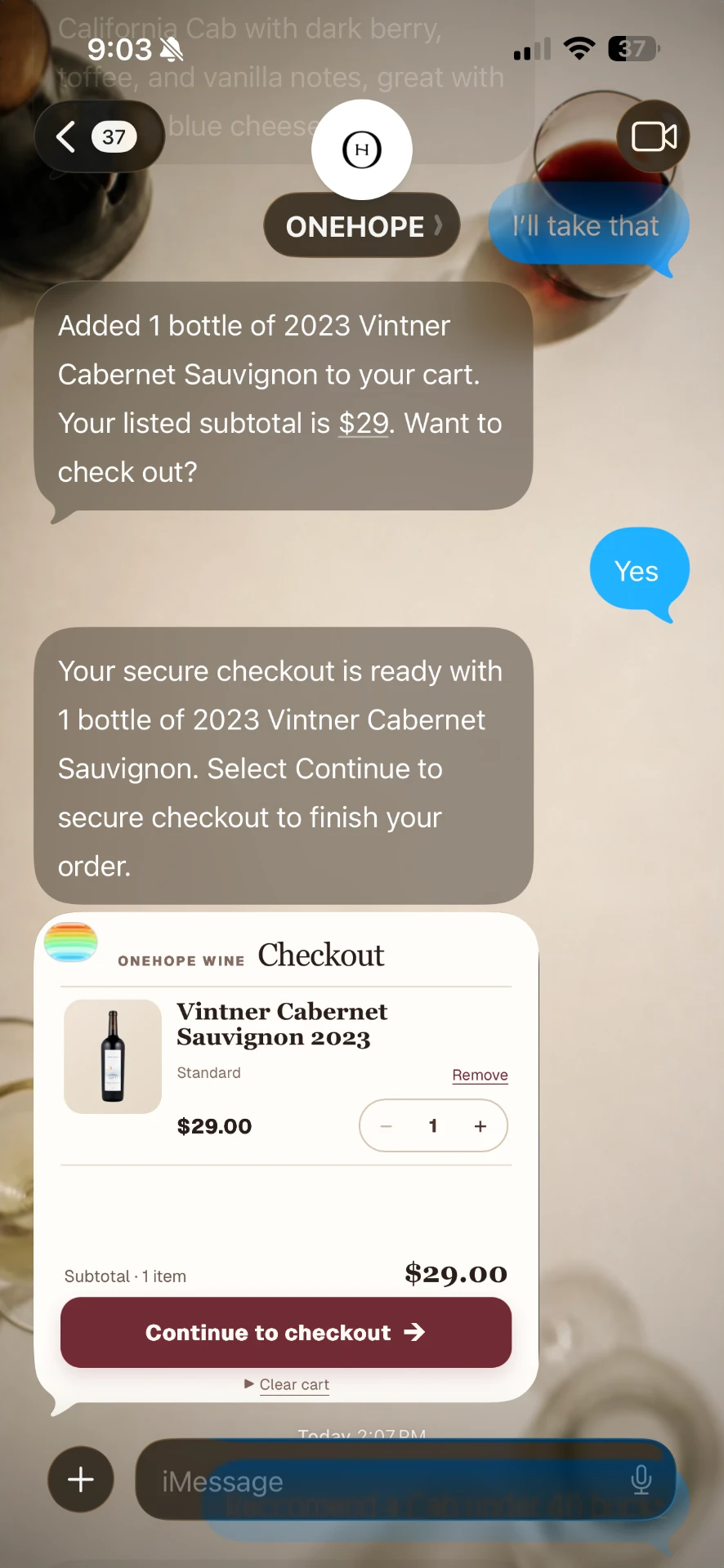 Text thread where a customer buys a bottle of wine straight from the message