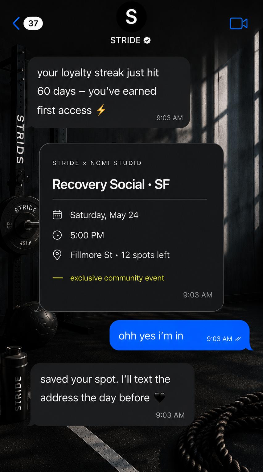 Text thread where a brand invites a loyal customer to a local recovery social